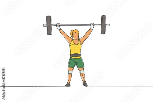 One continuous line drawing young bodybuilder woman doing exercise with a heavy weight bar in gym. Powerlifter train weightlifting concept. Dynamic single line draw design vector graphic illustration
