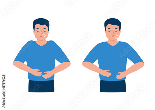 Man is doing breathing exercise, deep breath, exhale and inhale. Breathing exercise. Healthy yoga and relaxation. Vector illustration