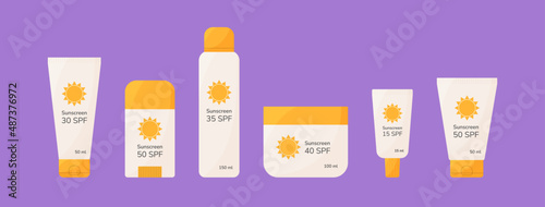 Different sunscreen cosmetic set. SPF sunblock cream, lotion, spray, stick isolated on violet background. Flat style summer skincare products vector illustration. Healthy sunbathing sunscreens.