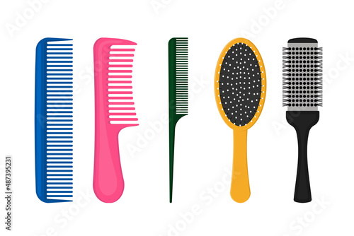 Various combs set of hairdresser. Hair care, combing, styling.