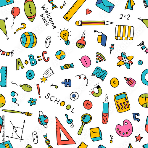 Seamless pattern with hand drawn school elements. Back to school background. Welcome back