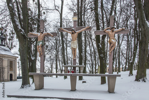Crosses Jesus and the two thieves on Calvary. International Shrine of St. Anne, Mount St. Anna