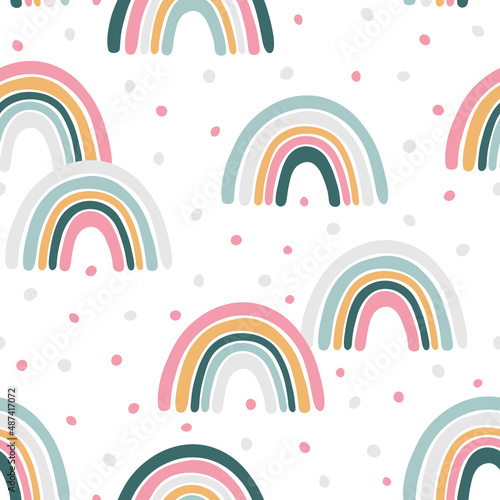 Hand drawn rainbows, cloud and star cartoon baby texture for fabric textile wallpaper apparel wrapping, Rainbow seamless vector pattern background
