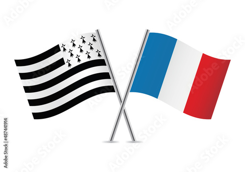 Brittany (Gwenn-ha-du) and France flags. Brittany and French crossed flags, isolated on a white background. Vector icon set. Vector illustration.