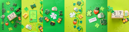 Tasty gingerbread cookies for St. Patrick's Day celebration and calendar with decor on green background