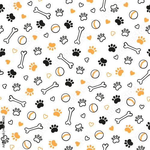 Seamless dog pattern with paw prints, bones, hearts and balls. Cat foot texture. Pattern with doggy pawprint and bones. Dog texture. Hand drawn vector illustration in doodle style on white background.