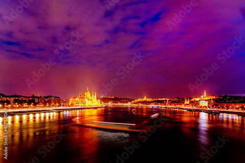 Wonderful architecture at night. Wonderful mesmerizing view of the city at night illuminated by lights on the danube river. Hungary, budapest. Beautiful landscape on the parliament on the river