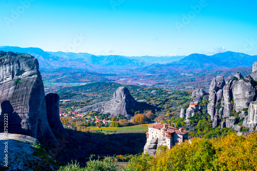 Beautiful views of the rocks and nature of europe. Great monastery of barlaam on a high rock in meteora, thessaly, greece