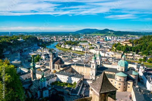 Amazing landscape of european city and alps mountains. Beautiful view of the salzburg skyline in summer, salzburg, austria