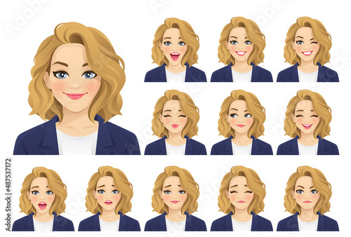 Elegant beautiful business avatar with different facial expressions in suit set isolated vector illustration