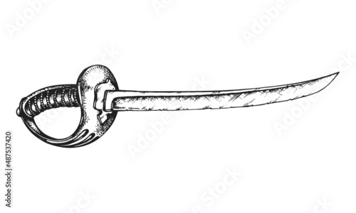 Pirate Cutlass Boarding Sword. Print or Tattoo Design. Hand Drawn Vector Illustration