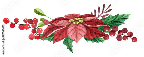 Watercolor composition with red poinsettia flower, leaves, red berries. Christmas bouquet