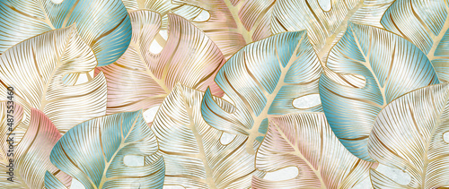 Luxury floral background with gold, blue and pink monstera leaves. Modern botanical art with tropical plants in art line style for design, wallpaper, decor