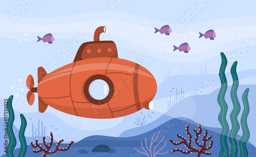 Submarine sea concept. Bright submarine with periscope underwater. Ocean bottom with fish, corals, seaweed. Colorful blue ocean landscape. Cute vector illustration.