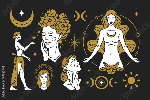 Simple artwork golden and black logo set woman antique goddess with esoteric decorative elements