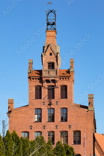 Poznań, Poland - Fire station buildings in the old town, at the ramparts. Fire brigade., old brick tower in the city