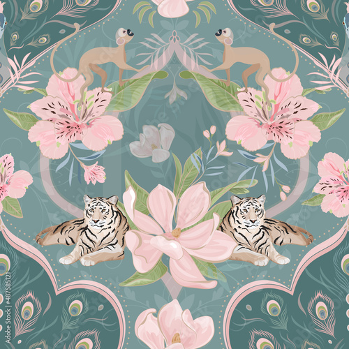 Lunar New Year tileable pattern. Tropical floral seamless background with tiger and peacock vector Image