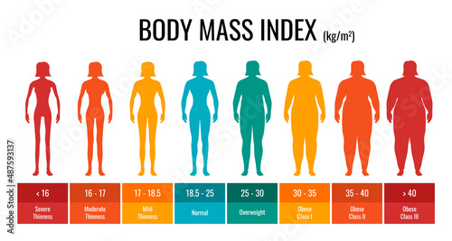 BMI classification chart measurement woman set. Female Body Mass Index infographic with weight status from underweight to severely obese. Medical body mass control graph. Vector eps illustration