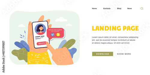 Hands of female social network user deleting account. Woman pressing delete button on phone, removing online information flat vector illustration. Addiction, modern technology concept for banner