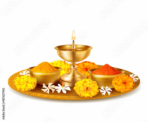 Traditional puja thali - plate for ritual ceremony with kumkum, haldi or turmeric powder, flowers and diya (oil lamp). Hindu sacral element for worshipping God. Vector illustration.