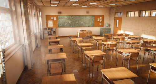 interior of a traditional Japanese school classroom made of wood.