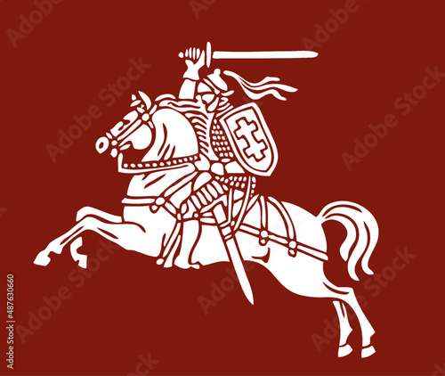 Vytis Lithuania symbol an armored rider on a horse, holding sword raised above his head in his right hand. Shield with a double cross hangs next to the rider's left shoulder.