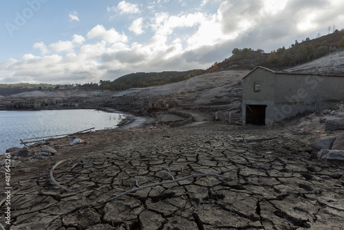 General view of abandoned old village of Aceredo, Galicia, Spain. Submerged since the construction of the Alto Lindoso dam in 1992, emerged due to the current drought in this region