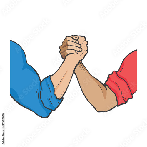 Armwrestling sport. Two arms competing. red and blue sleeve opponent symbol. arm wrestling vector cartoon illustration. Elbows on table game graphic stock image