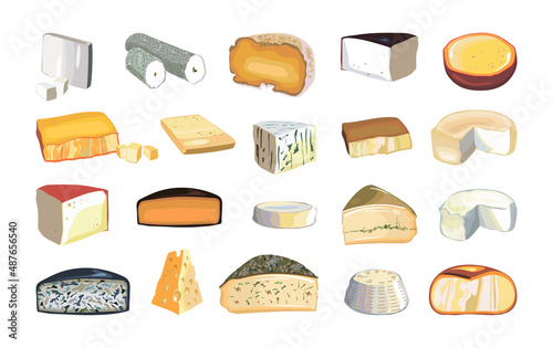 Collection of types of cheeses in a realistic style.