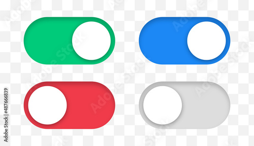 Realistic toggles switch button : On, Off vector set colors. Blue, green On app interface slide buttons. Red, grey Off switch button elements. Setting control toggle design. Ui vector illustration.