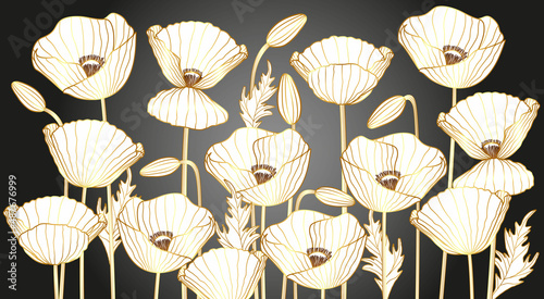 Luxury background with the image of poppies with a texture of golden lines. Graphic wallpaper on a gray background with illumination in the center.