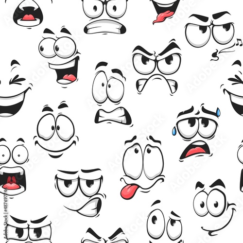 Cartoon faces and emojis with different facial expressions seamless pattern. Vector background of comic emoticon characters with happy, funny, angry and cry, crazy, silly and cheerful emotions