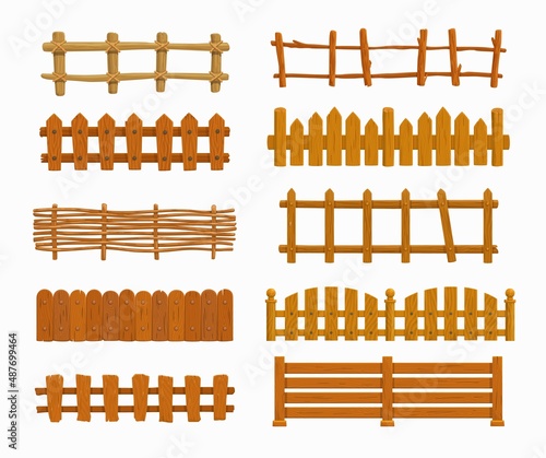 Cartoon wooden fence vector set, garden or farm palisade, gates or balustrade with pickets. Enclosure railing, banister or fencing sections with decorative pillars. Wooden isolated fence and balusters