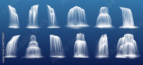 Realistic waterfall cascades, water fall streams vector set. Pure liquid squirts with fog. River, fountain elements for natural design or landscaping. 3d falling waterfall, isolated streaming jets