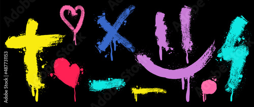 Set of graffiti spray pattern. Collection of colorful symbols, purple smile, pink hearts, dot and stroke with spray texture. Elements on black background for banner, decoration, street art and ads.