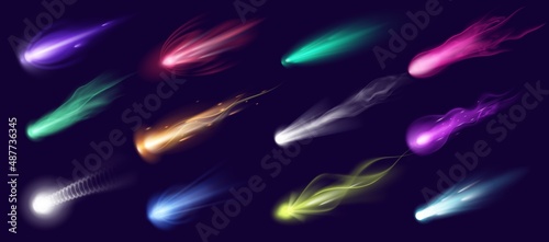 Realistic falling comets, meteors, asteroids and meteorites with fire trail. 3d cosmic shooting stars, space comet or fireballs vector set