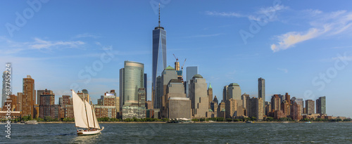  New York,NY USA august 09 2016 panoramic photo of new york in color with sailboat Manhattan