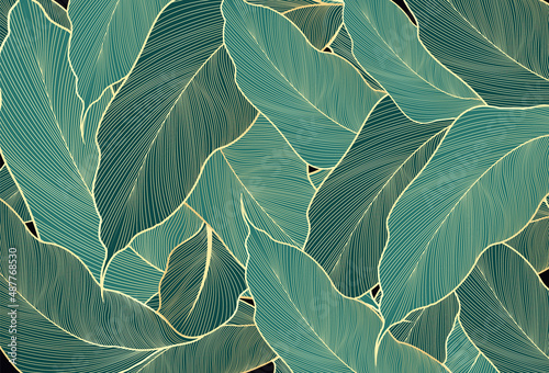 Luxury leaves wallpaper design gold and nature green background vector. Hand drawn linear golden abstract leaves. Vector Illustration