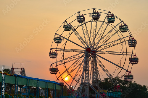 Beautiful view of the ferris wheel against the twilight sky. Sundowning view. Tamil Nadu, India.