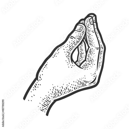 Bellissimo italian tasty food hand gesture sketch engraving vector illustration. T-shirt apparel print design. Scratch board imitation. Black and white hand drawn image.