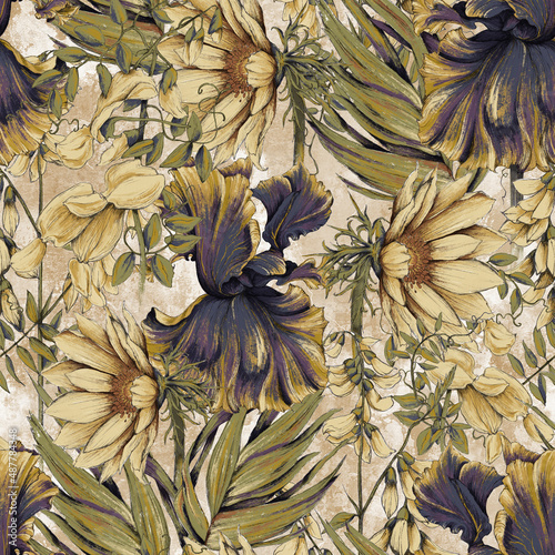 Pattern with flowers and leaves on a beige grunge background. Design for wallpaper, photo wallpaper, mural, card, postcard. 