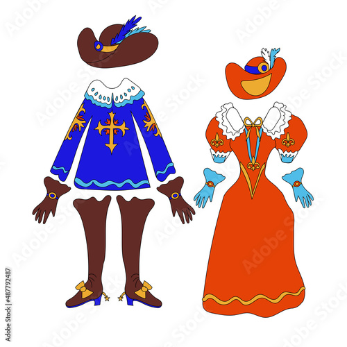 Women's and men's costumes in the style of France of the 17th century based on the work of Dumas Three Musketeers. Vector illustration hand drawn in doodle style
