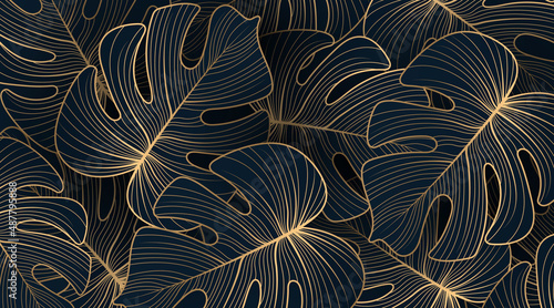 Gradient golden linear background with monstera leaves. Hand drawn luxury golden tropical leaf on dark background. Vector linear illustration of leaves for prints, banner, poster, cover, wallpaper