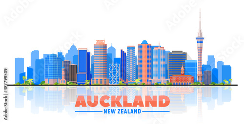Auckland ( New Zealand ) skyline with panorama in white background. Vector Illustration. Business travel and tourism concept with modern buildings. Image for presentation, banner, website. 