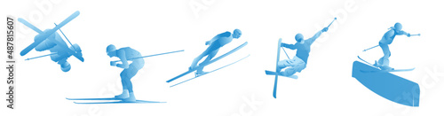  UI design of an abstract man ski jumping on a blue background. Ski Jumping, Freeski Big Air, Freeski Halfpipe