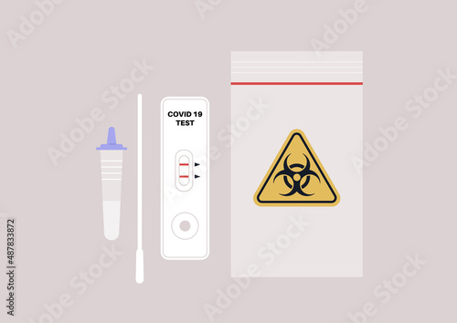 A coronavirus express PCR test, a dropper bottle, a cotton swab, a plastic white cassette with red stripe indicators of the virus presence, a plastic zip bag with a yellow triangle biohazard logo