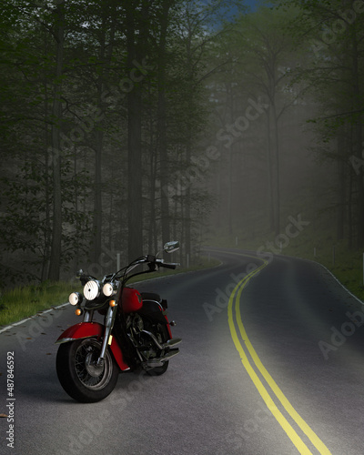Portrait format view of a motorcycle parked on an empty road in the forest. 3D illustration.