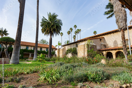 Sunny exterior view of the Old Mission Santa Barbara