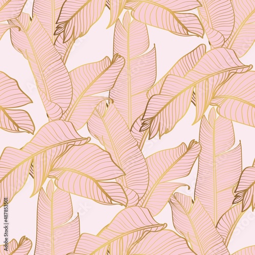 Abstract art Pink Golden leaves background. Wallpaper design with line art texture from bananas leaves, Jungle leaves, exotic botanical floral pattern. Design for prints, banner, wall art.
