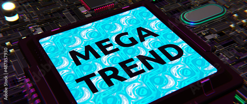 Konzept: Begriffserklärung MEGA - Computerbauteile mit Text - 3D digital Rendering